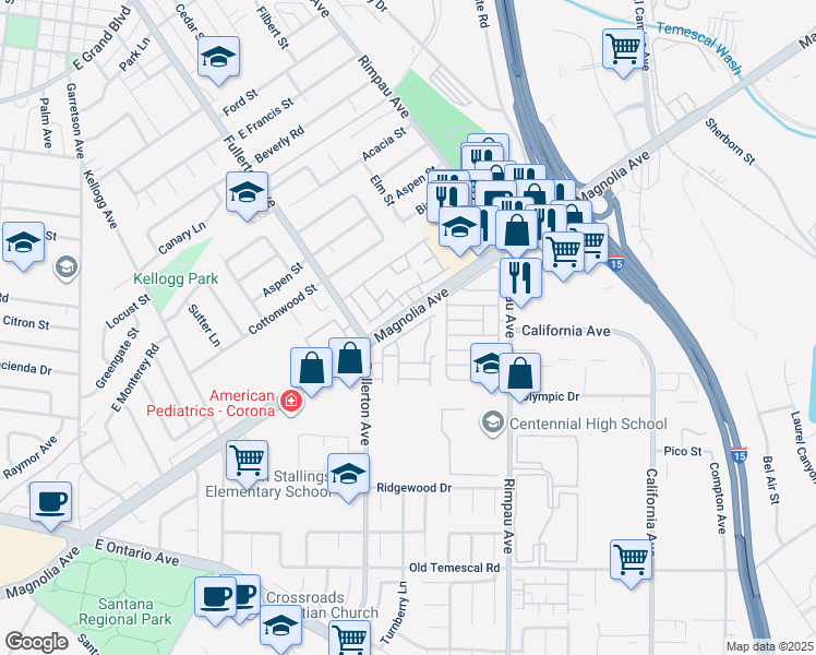 map of restaurants, bars, coffee shops, grocery stores, and more near 951 Inn Keeper Lane in Corona