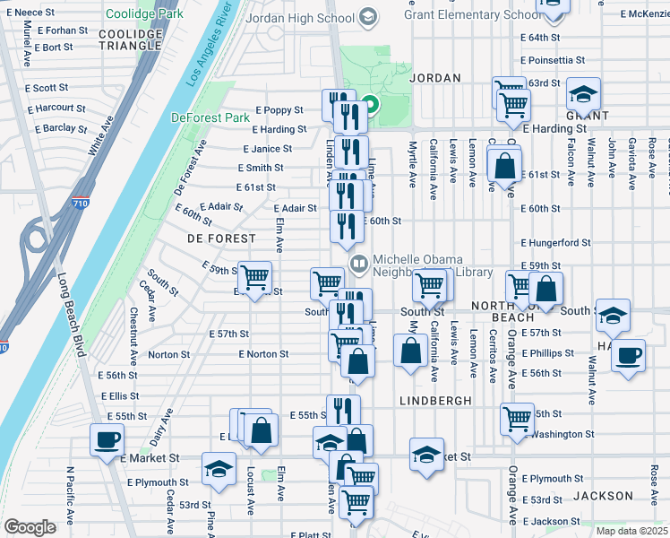 map of restaurants, bars, coffee shops, grocery stores, and more near 5864 Linden Avenue in Long Beach