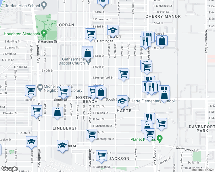 map of restaurants, bars, coffee shops, grocery stores, and more near 1428 East 59th Street in Long Beach