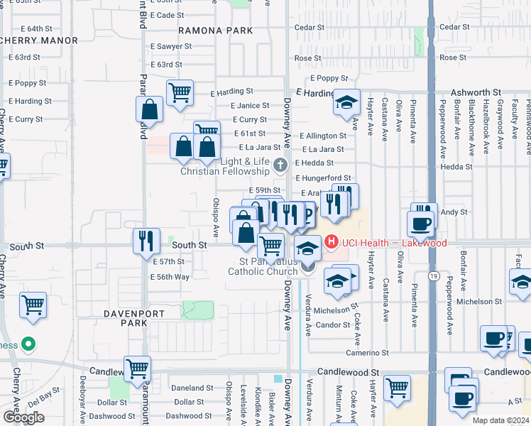 map of restaurants, bars, coffee shops, grocery stores, and more near 3391 East Andy Street in Long Beach