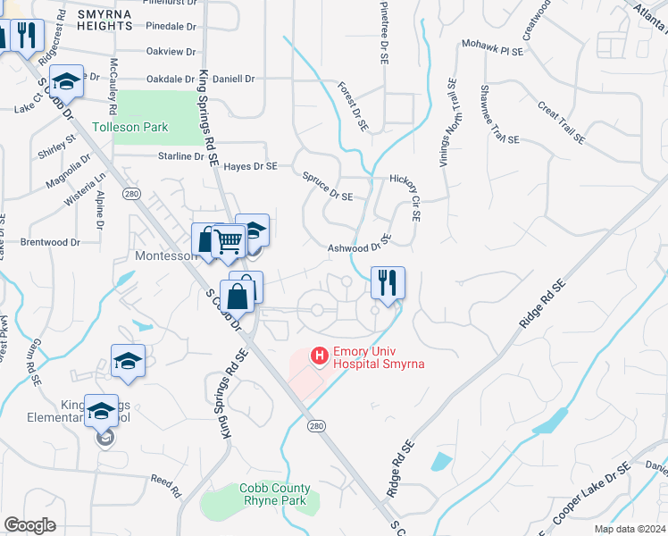 map of restaurants, bars, coffee shops, grocery stores, and more near 1535 Springwood Drive Southeast in Smyrna