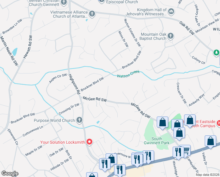 map of restaurants, bars, coffee shops, grocery stores, and more near 1810 Lisa Springs Drive Southwest in Snellville