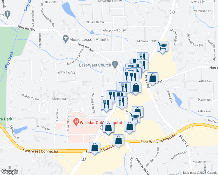 map of restaurants, bars, coffee shops, grocery stores, and more near 1590 Blue Ridge Drive Southwest in Marietta