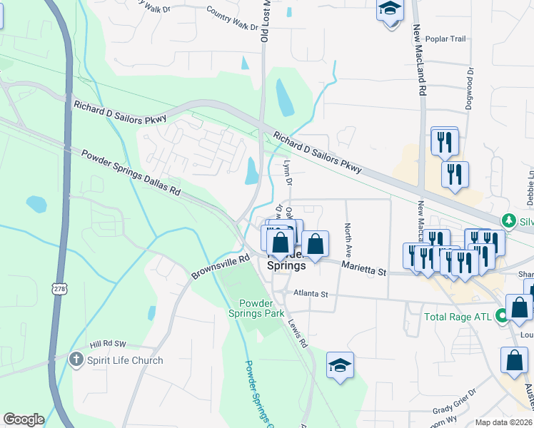 map of restaurants, bars, coffee shops, grocery stores, and more near 4480 Cemetery Street in Powder Springs