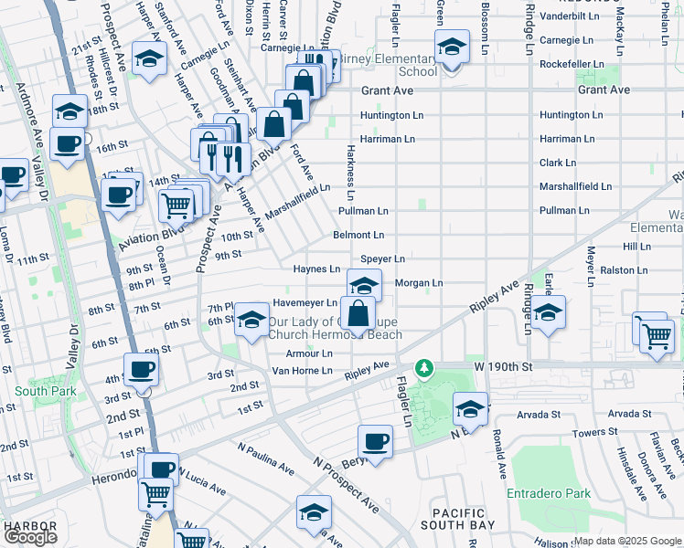 map of restaurants, bars, coffee shops, grocery stores, and more near 1738 Haynes Lane in Redondo Beach