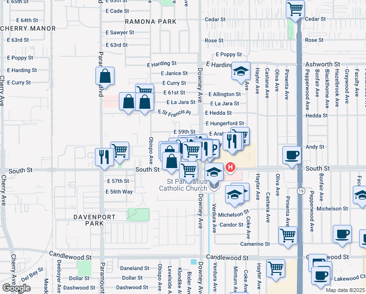 map of restaurants, bars, coffee shops, grocery stores, and more near 3381 East Andy Street in Long Beach