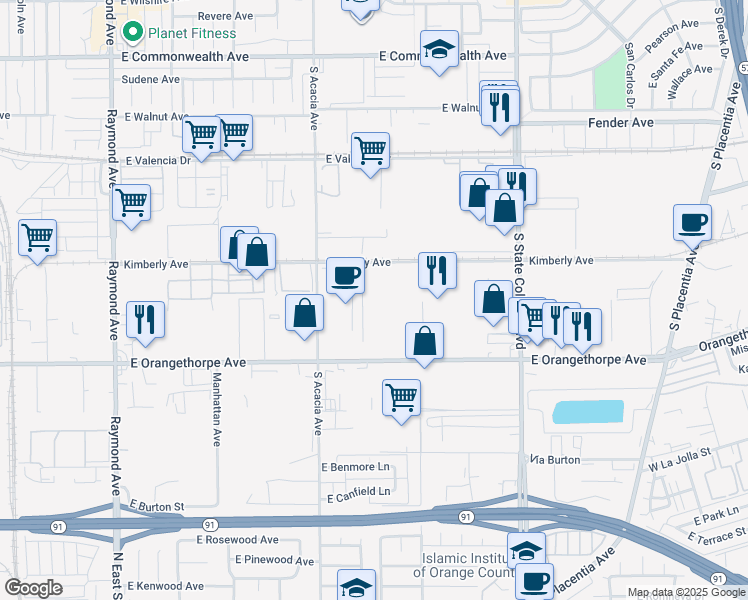 map of restaurants, bars, coffee shops, grocery stores, and more near 2001 East Orangethorpe Avenue in Fullerton