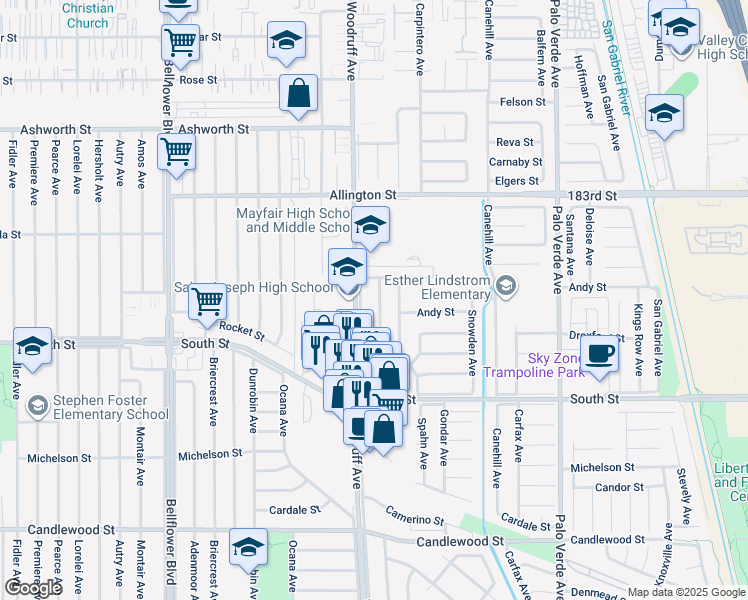 map of restaurants, bars, coffee shops, grocery stores, and more near 5825 Fanwood Avenue in Lakewood