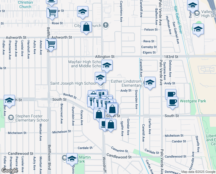 map of restaurants, bars, coffee shops, grocery stores, and more near 5825 Fanwood Avenue in Lakewood