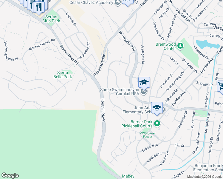map of restaurants, bars, coffee shops, grocery stores, and more near 2048 Adobe Avenue in Corona