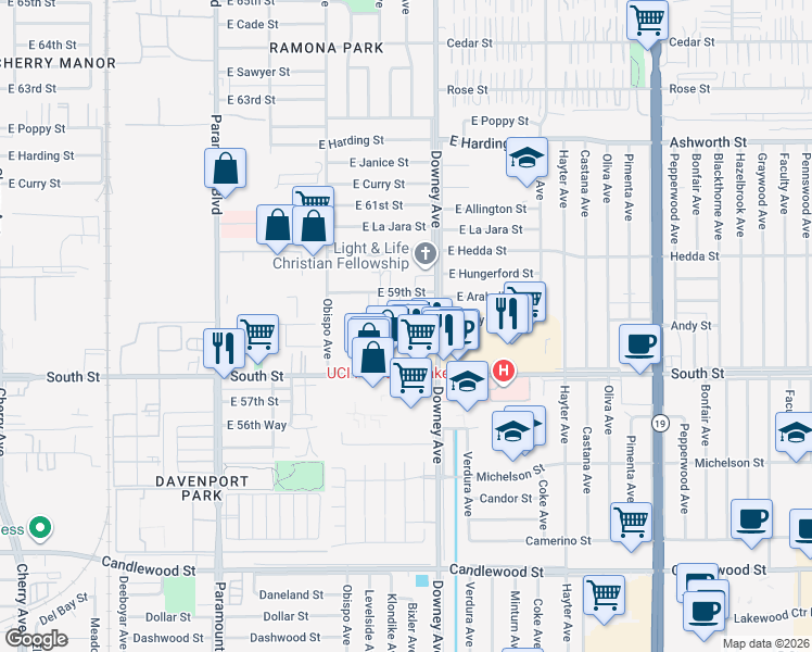 map of restaurants, bars, coffee shops, grocery stores, and more near 3401 East Andy Street in Long Beach
