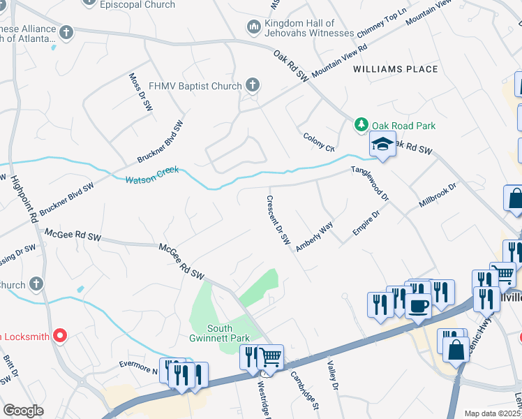 map of restaurants, bars, coffee shops, grocery stores, and more near 1937 Crescent Drive Southwest in Snellville