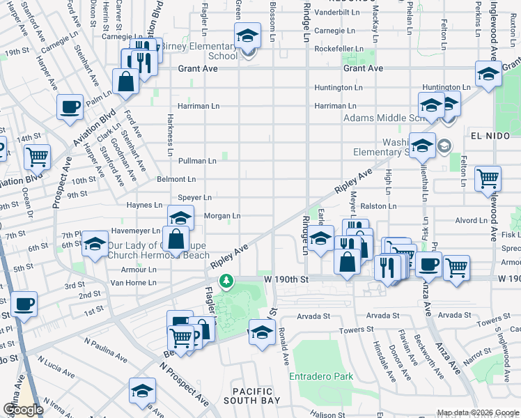 map of restaurants, bars, coffee shops, grocery stores, and more near 2015 Morgan Lane in Redondo Beach
