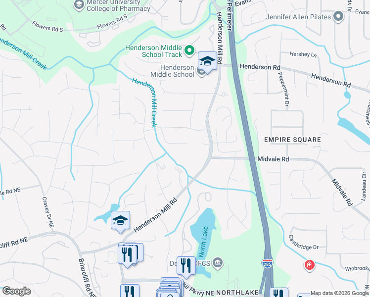map of restaurants, bars, coffee shops, grocery stores, and more near 3294 Wake Robin Trail in Atlanta