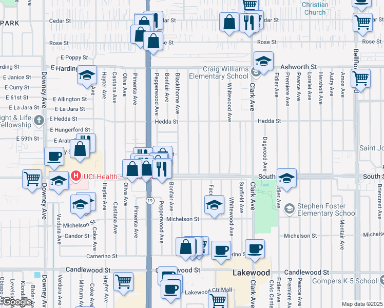 map of restaurants, bars, coffee shops, grocery stores, and more near 5848 Hazelbrook Avenue in Lakewood