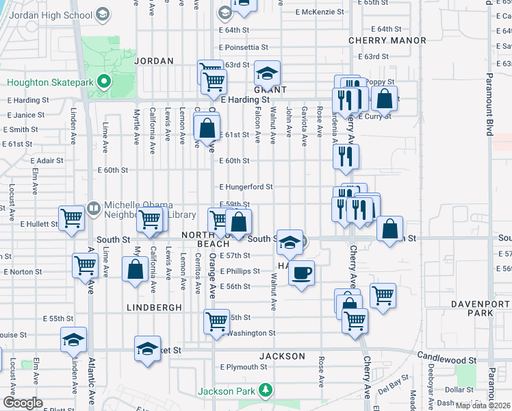map of restaurants, bars, coffee shops, grocery stores, and more near 1438 East 59th Street in Long Beach