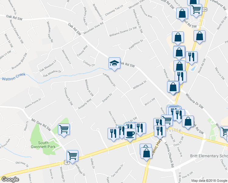 map of restaurants, bars, coffee shops, grocery stores, and more near 2635 Empire Drive in Snellville