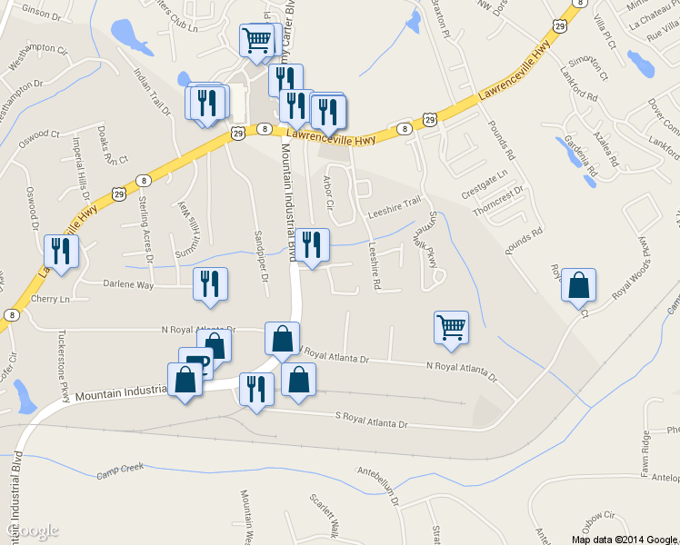 map of restaurants, bars, coffee shops, grocery stores, and more near 4958 Presidents Way in Tucker