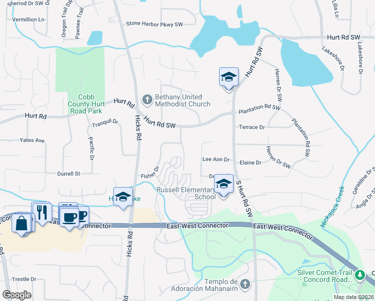 map of restaurants, bars, coffee shops, grocery stores, and more near 3799 Donald Road Southwest in Smyrna