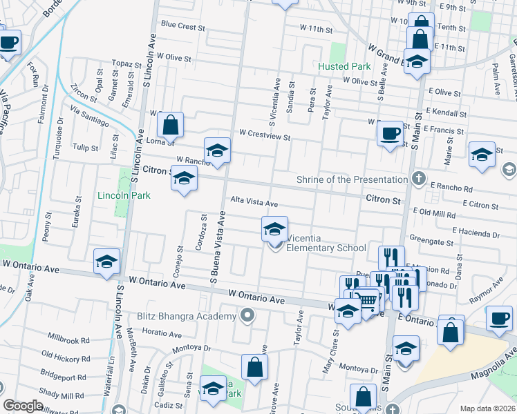 map of restaurants, bars, coffee shops, grocery stores, and more near 804 Alta Vista Avenue in Corona