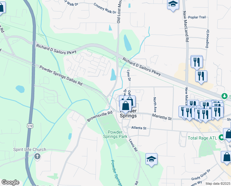 map of restaurants, bars, coffee shops, grocery stores, and more near 3727 Old Lost Mountain Road in Powder Springs