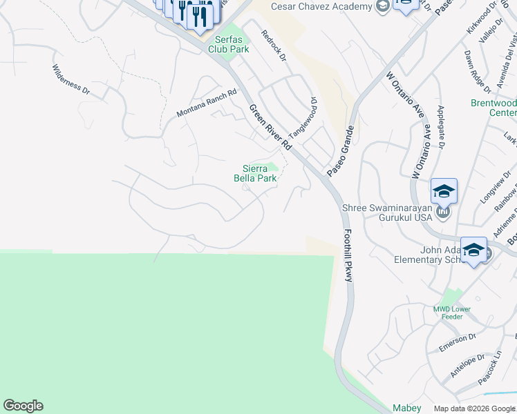 map of restaurants, bars, coffee shops, grocery stores, and more near 2413 Sierra Bella Drive in Corona