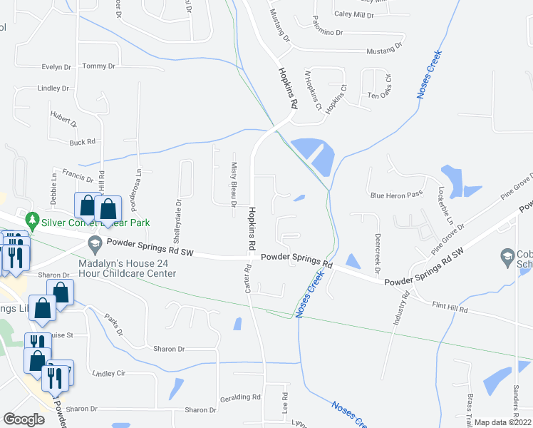 map of restaurants, bars, coffee shops, grocery stores, and more near 3768 Old Oak Court in Powder Springs