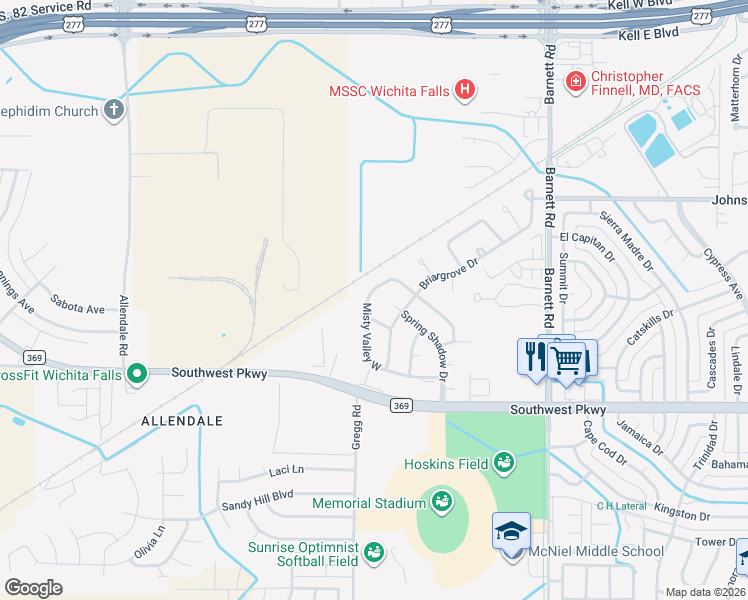 map of restaurants, bars, coffee shops, grocery stores, and more near 4518 Misty Valley West in Wichita Falls