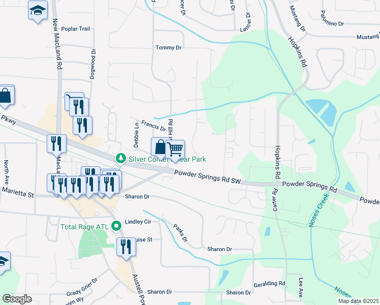 map of restaurants, bars, coffee shops, grocery stores, and more near 3770 Ponderosa Lane in Powder Springs