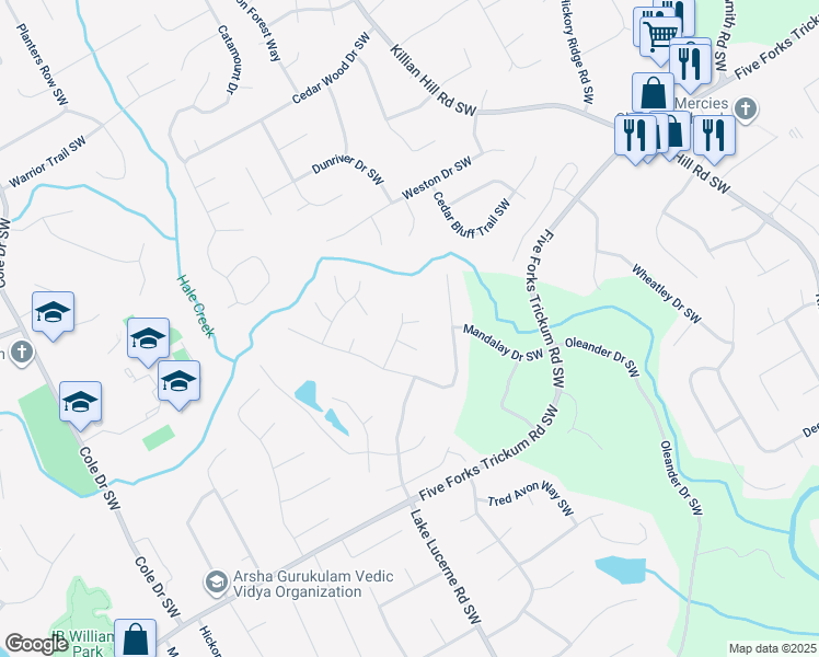map of restaurants, bars, coffee shops, grocery stores, and more near 4524 Forest View Court Southwest in Lilburn