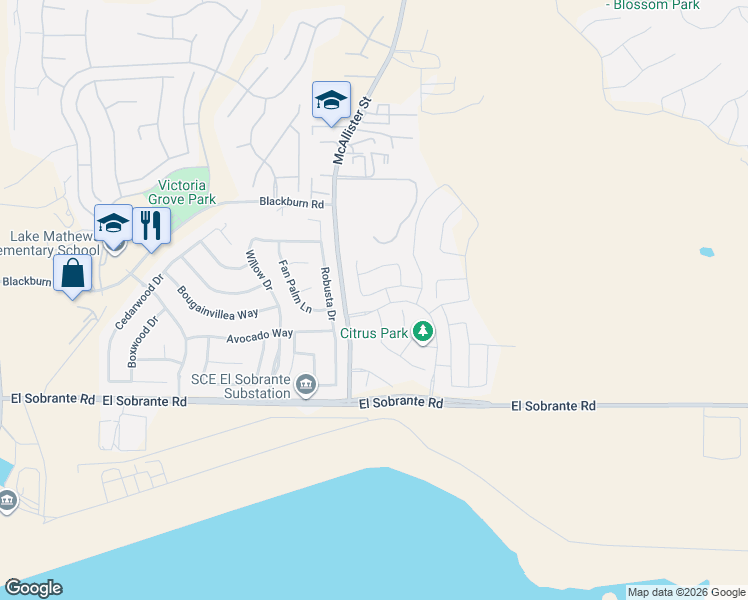 map of restaurants, bars, coffee shops, grocery stores, and more near 17546-17998 McAllister Street in Riverside