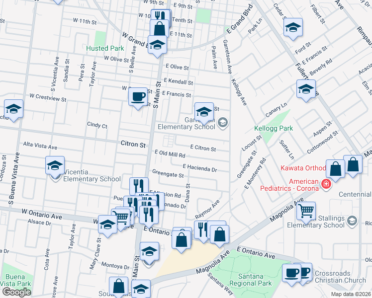 map of restaurants, bars, coffee shops, grocery stores, and more near 317 East Citron Street in Corona