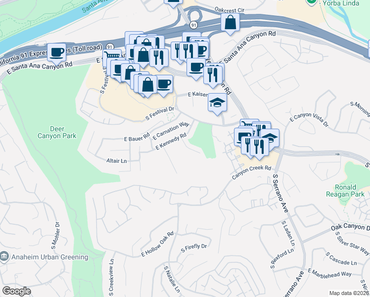 map of restaurants, bars, coffee shops, grocery stores, and more near 307 South Basil Street in Anaheim
