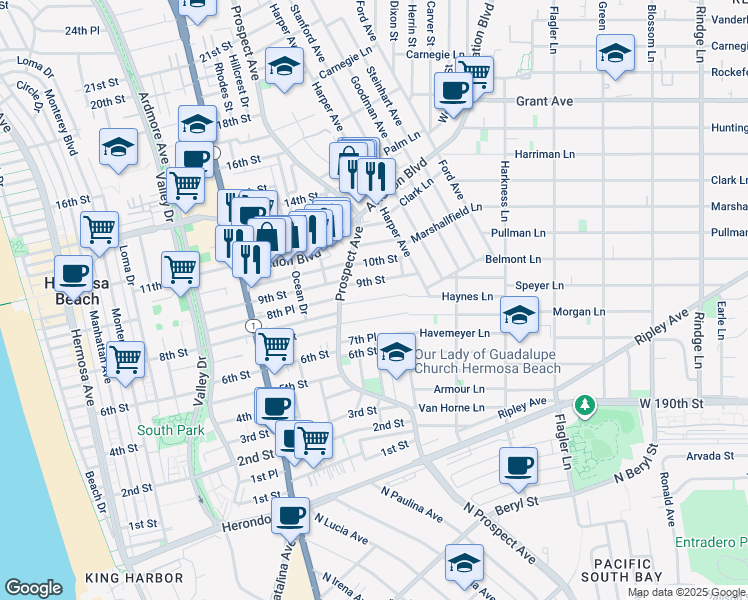 map of restaurants, bars, coffee shops, grocery stores, and more near 1121 9th Street in Hermosa Beach