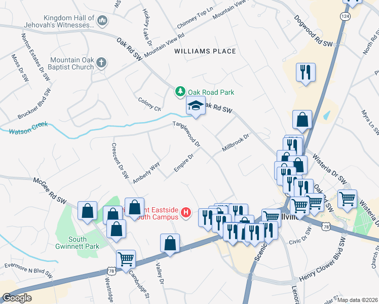 map of restaurants, bars, coffee shops, grocery stores, and more near 2027 Tanglewood Drive in Snellville