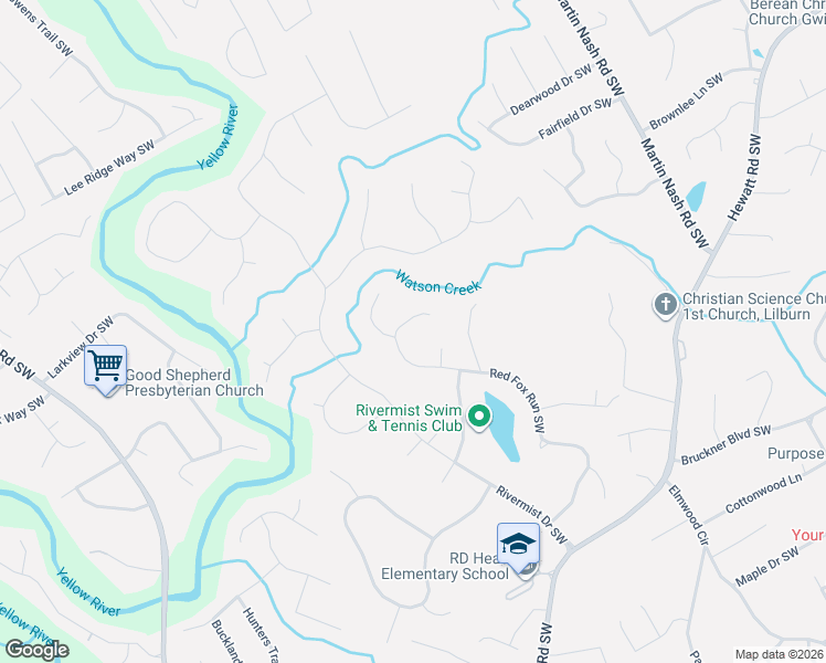 map of restaurants, bars, coffee shops, grocery stores, and more near 1388 Red Fox Run Southwest in Lilburn