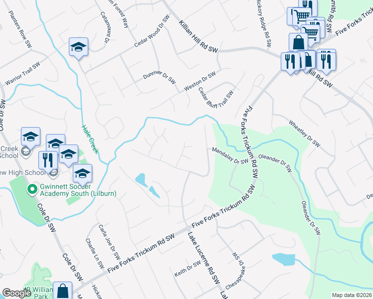 map of restaurants, bars, coffee shops, grocery stores, and more near 4501 Forest View Court Southwest in Lilburn