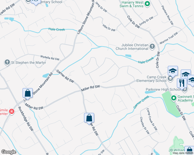 map of restaurants, bars, coffee shops, grocery stores, and more near 587 Haralson Drive Southwest in Lilburn