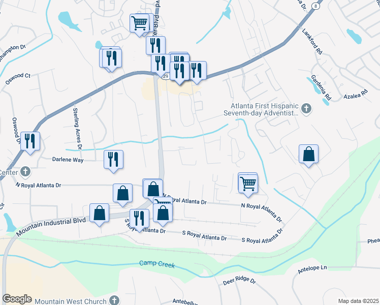 map of restaurants, bars, coffee shops, grocery stores, and more near 4958 Presidents Way in Tucker