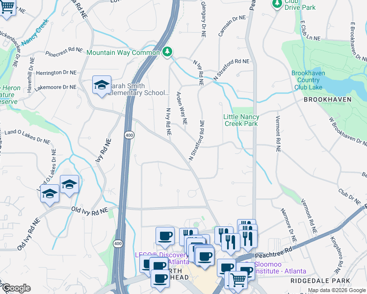 map of restaurants, bars, coffee shops, grocery stores, and more near 719 Stovall Boulevard Northeast in Atlanta