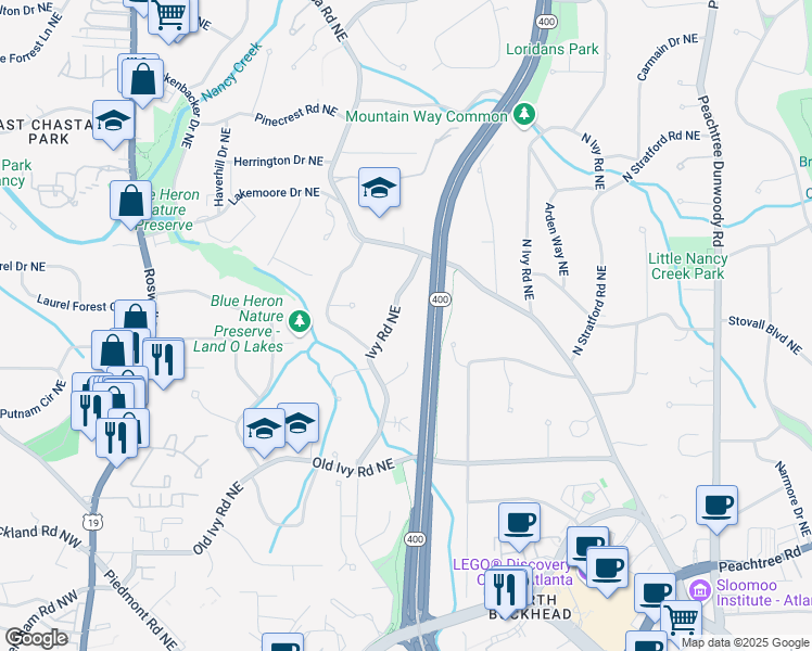 map of restaurants, bars, coffee shops, grocery stores, and more near 3915 Ivy Road Northeast in Atlanta