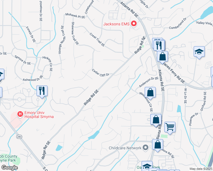 map of restaurants, bars, coffee shops, grocery stores, and more near 3731 Ridge Road Southeast in Smyrna