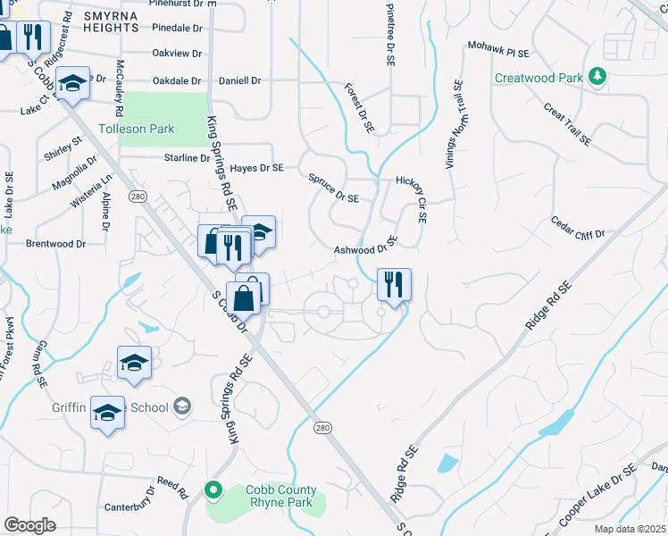 map of restaurants, bars, coffee shops, grocery stores, and more near 3710 Ashwood Drive Southeast in Smyrna