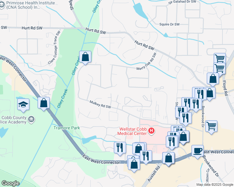 map of restaurants, bars, coffee shops, grocery stores, and more near 1891 Calvary Hill Court Southwest in Marietta