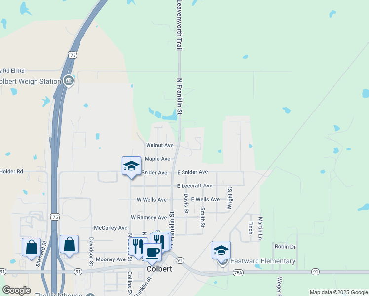 map of restaurants, bars, coffee shops, grocery stores, and more near 106 Walnut Avenue in Colbert