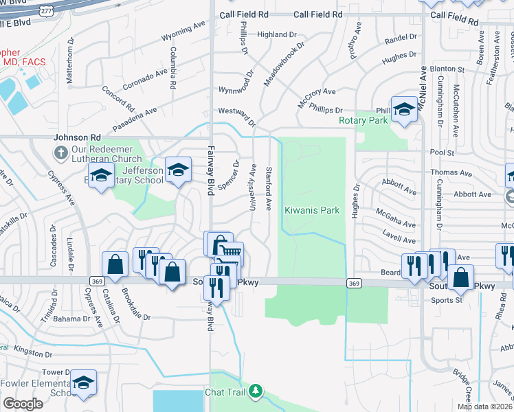 map of restaurants, bars, coffee shops, grocery stores, and more near 4630 Stanford Avenue in Wichita Falls
