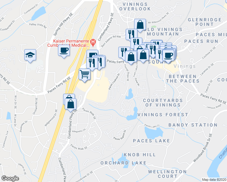map of restaurants, bars, coffee shops, grocery stores, and more near 3772 Paces Lookout Circle Southeast in Atlanta