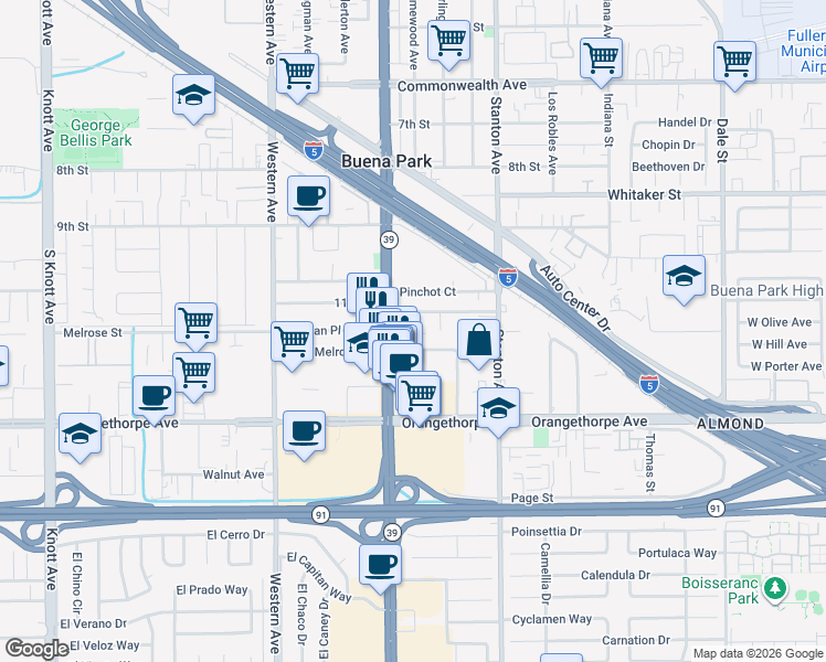 map of restaurants, bars, coffee shops, grocery stores, and more near in Buena Park