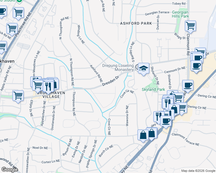 map of restaurants, bars, coffee shops, grocery stores, and more near 1678 Dresden Drive in Atlanta