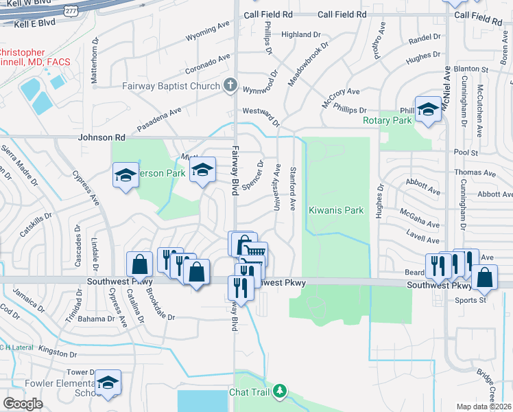 map of restaurants, bars, coffee shops, grocery stores, and more near 4523 Spencer Drive in Wichita Falls